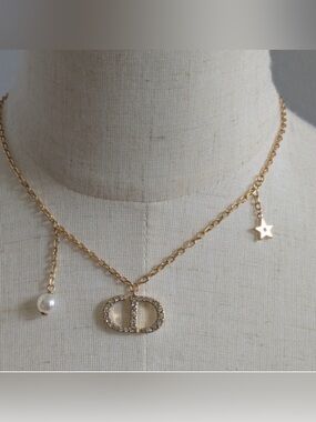 Dior Gold-Tone CD Logo Necklace with Pearl